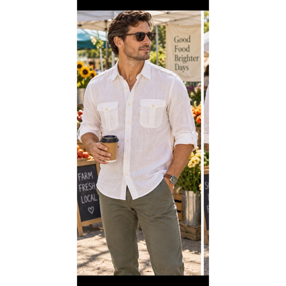 J.Crew Mens White 100% Linen Safari Shirt Long Sleeve Button Down Medium